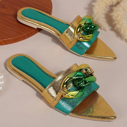 Women's Pointed Open Toe Flat Sandals with Chunky Chain Decor Slip-on Non Slip Beach Slides Sandals Casual Breathable Walking Slippers in Saudi Arabia