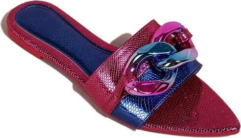 Women's Pointed Open Toe Flat Sandals with Chunky Chain Decor Slip-on Non Slip Beach Slides Sandals Casual Breathable Walking Slippers in Saudi Arabia