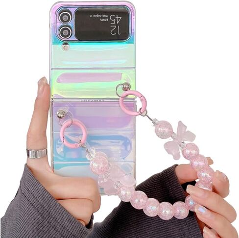 for Samsung Galaxy Z Flip 4 Clear Rainbow Case with Pink Beads Strap, Fashion Colorful Wristband Case for Galaxy Z Flip 4 Laser Effect, Cute Girly Case for Samsung Z Flip 4 (Pink Strap) in Kuwait