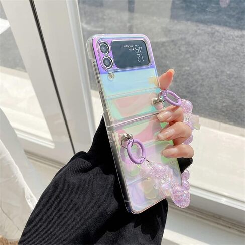 for Samsung Galaxy Z Flip 4 Clear Rainbow Case with Pink Beads Strap, Fashion Colorful Wristband Case for Galaxy Z Flip 4 Laser Effect, Cute Girly Case for Samsung Z Flip 4 (Pink Strap) in Kuwait