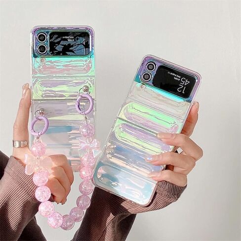 for Samsung Galaxy Z Flip 4 Clear Rainbow Case with Pink Beads Strap, Fashion Colorful Wristband Case for Galaxy Z Flip 4 Laser Effect, Cute Girly Case for Samsung Z Flip 4 (Pink Strap) in Kuwait