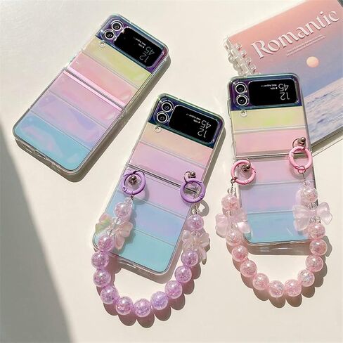 for Samsung Galaxy Z Flip 4 Clear Rainbow Case with Pink Beads Strap, Fashion Colorful Wristband Case for Galaxy Z Flip 4 Laser Effect, Cute Girly Case for Samsung Z Flip 4 (Pink Strap) in Kuwait