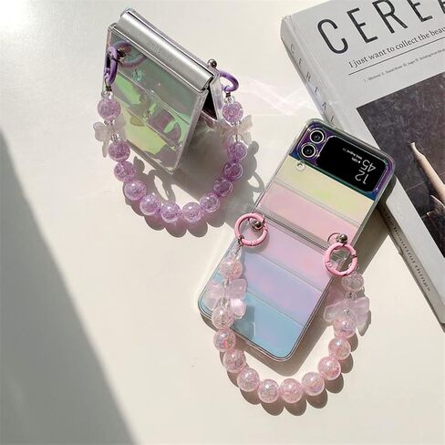 for Samsung Galaxy Z Flip 4 Clear Rainbow Case with Pink Beads Strap, Fashion Colorful Wristband Case for Galaxy Z Flip 4 Laser Effect, Cute Girly Case for Samsung Z Flip 4 (Pink Strap) in Kuwait
