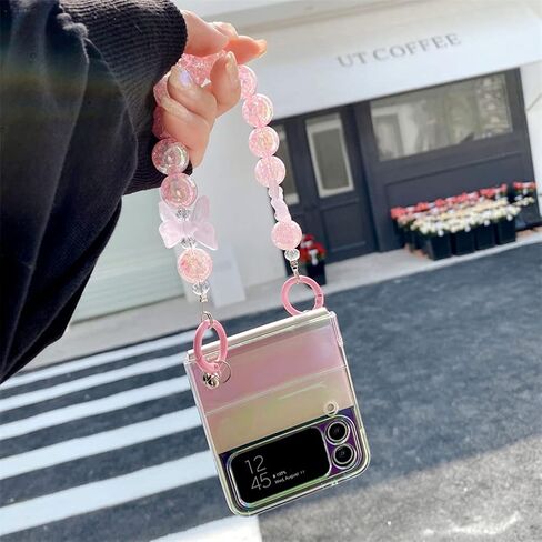 for Samsung Galaxy Z Flip 4 Clear Rainbow Case with Pink Beads Strap, Fashion Colorful Wristband Case for Galaxy Z Flip 4 Laser Effect, Cute Girly Case for Samsung Z Flip 4 (Pink Strap) in Kuwait