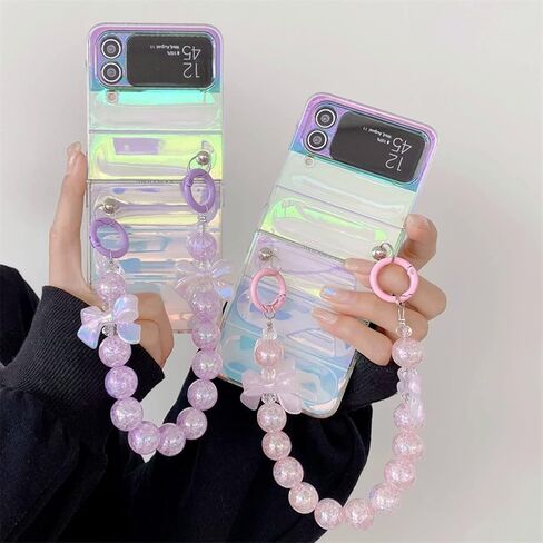 for Samsung Galaxy Z Flip 4 Clear Rainbow Case with Pink Beads Strap, Fashion Colorful Wristband Case for Galaxy Z Flip 4 Laser Effect, Cute Girly Case for Samsung Z Flip 4 (Pink Strap) in Kuwait
