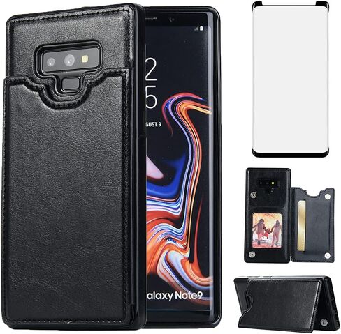تصميم NKECXKJ لهاتف Samsung Galaxy Note 9 مع واقي شاشة من الزجاج المقوى وفتحة حامل لبطاقة الائتمان، وحافظات هاتف من جلد البولي يوريثان وغطاء واقٍ لهاتف Glaxay Note9 S9 للرجال باللون الأسود in Kuwait