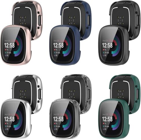 FitTurn 6Pack Screen Protector Case Compatible with Fitbit Versa 4/Sense 2 with HD Tempered Glass Case Cover Full Coverage Shell Protective for Versa 4/Sense 2 Smartwatch in Saudi Arabia