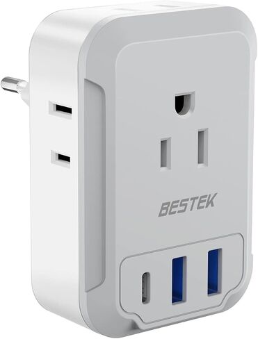 محول قابس السفر الأوروبي من BESTEK، محول قابس الطاقة الدولي مع 4 منافذ و3 شاحن USB (1 PD 20 وات)، محول قابس من النوع C أساسيات السفر للولايات المتحدة إلى معظم أوروبا/إيطاليا/فرنسا (أبيض-1) in Kuwait
