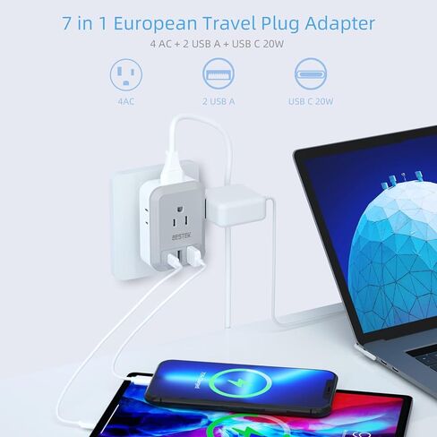 محول قابس السفر الأوروبي من BESTEK، محول قابس الطاقة الدولي مع 4 منافذ و3 شاحن USB (1 PD 20 وات)، محول قابس من النوع C أساسيات السفر للولايات المتحدة إلى معظم أوروبا/إيطاليا/فرنسا (أبيض-1) in Kuwait