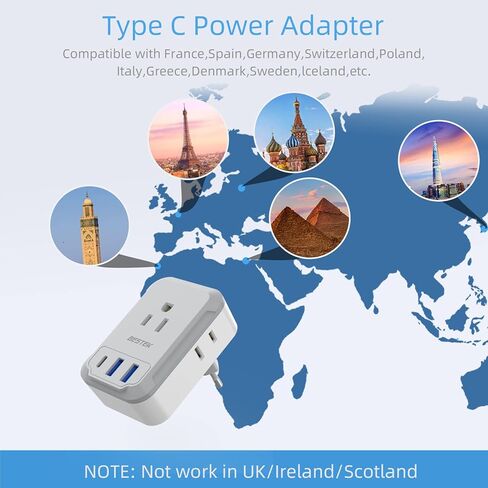 محول قابس السفر الأوروبي من BESTEK، محول قابس الطاقة الدولي مع 4 منافذ و3 شاحن USB (1 PD 20 وات)، محول قابس من النوع C أساسيات السفر للولايات المتحدة إلى معظم أوروبا/إيطاليا/فرنسا (أبيض-1) in Kuwait