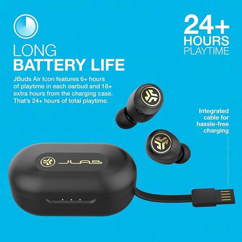 سماعات أذن JLab JBuds Air Icon True Wireless Signature Bluetooth + حافظة شحن، أسود وذهبي، مقاومة العرق IP55، اتصال Bluetooth 5.0، مكالمات هاتفية استريو، 3 إعدادات صوت EQ (متجددة) in Saudi Arabia