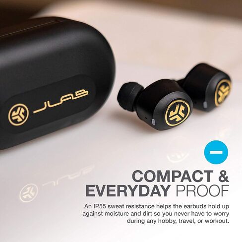 سماعات أذن JLab JBuds Air Icon True Wireless Signature Bluetooth + حافظة شحن، أسود وذهبي، مقاومة العرق IP55، اتصال Bluetooth 5.0، مكالمات هاتفية استريو، 3 إعدادات صوت EQ (متجددة) in Saudi Arabia