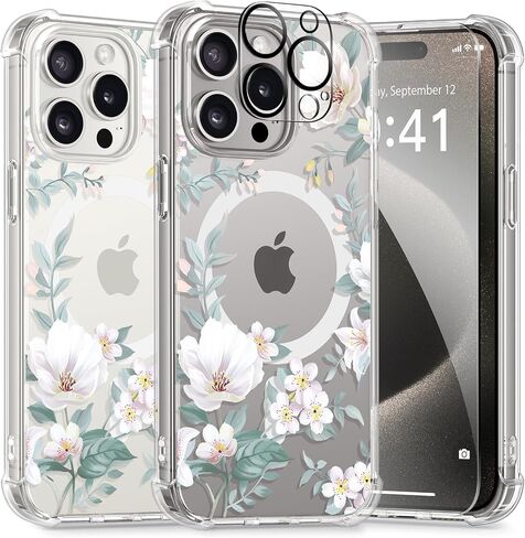 GVIEWIN Magnetic for iPhone 15 Pro Max Case with Screen Protector + Camera Protector, [Compatible with MagSafe] [10FT Drop Protection] Clear Floral Phone Cover Women for 15 ProMax(Autumnal Begonia) in Saudi Arabia