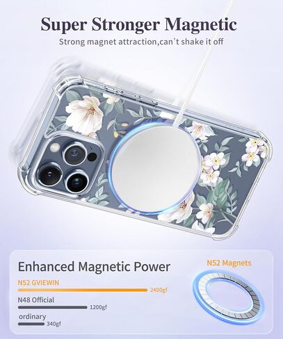 GVIEWIN Magnetic for iPhone 15 Pro Max Case with Screen Protector + Camera Protector, [Compatible with MagSafe] [10FT Drop Protection] Clear Floral Phone Cover Women for 15 ProMax(Autumnal Begonia) in Saudi Arabia