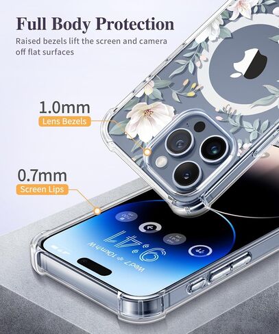 GVIEWIN Magnetic for iPhone 15 Pro Max Case with Screen Protector + Camera Protector, [Compatible with MagSafe] [10FT Drop Protection] Clear Floral Phone Cover Women for 15 ProMax(Autumnal Begonia) in Saudi Arabia