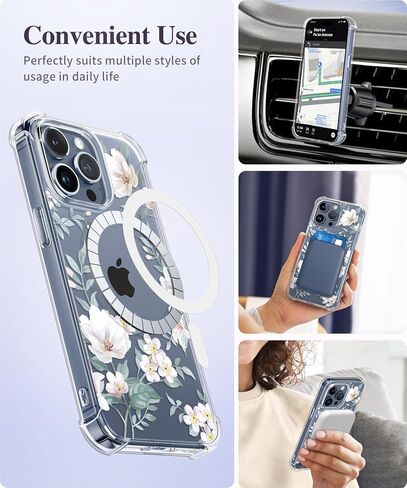 GVIEWIN Magnetic for iPhone 15 Pro Max Case with Screen Protector + Camera Protector, [Compatible with MagSafe] [10FT Drop Protection] Clear Floral Phone Cover Women for 15 ProMax(Autumnal Begonia) in Saudi Arabia