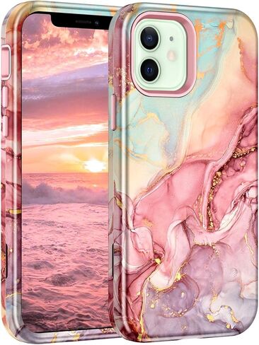 Btscase for iPhone 12 Case/iPhone 12 Pro Case, Heavy Duty Three Layer Marble Shockproof Full Body Rugged Hard PC+Soft TPU Bumper Drop Protection Women Girls Cover for iPhone 12/12 Pro, Rose Gold in Saudi Arabia