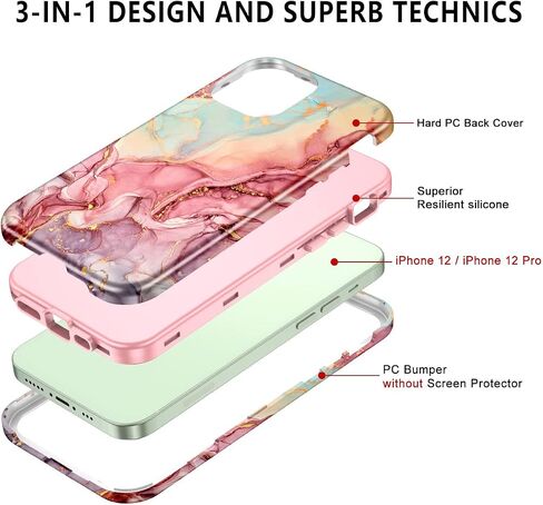 Btscase for iPhone 12 Case/iPhone 12 Pro Case, Heavy Duty Three Layer Marble Shockproof Full Body Rugged Hard PC+Soft TPU Bumper Drop Protection Women Girls Cover for iPhone 12/12 Pro, Rose Gold in Saudi Arabia