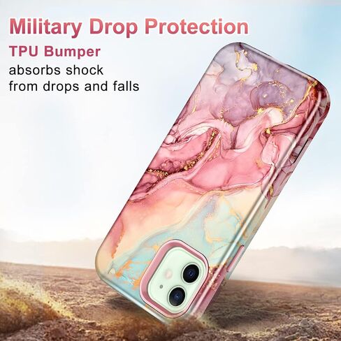 Btscase for iPhone 12 Case/iPhone 12 Pro Case, Heavy Duty Three Layer Marble Shockproof Full Body Rugged Hard PC+Soft TPU Bumper Drop Protection Women Girls Cover for iPhone 12/12 Pro, Rose Gold in Saudi Arabia