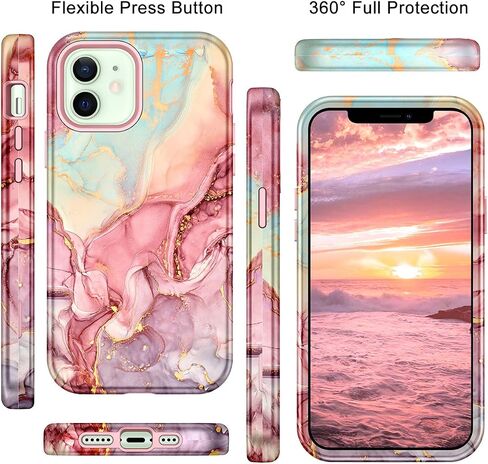 Btscase for iPhone 12 Case/iPhone 12 Pro Case, Heavy Duty Three Layer Marble Shockproof Full Body Rugged Hard PC+Soft TPU Bumper Drop Protection Women Girls Cover for iPhone 12/12 Pro, Rose Gold in Saudi Arabia