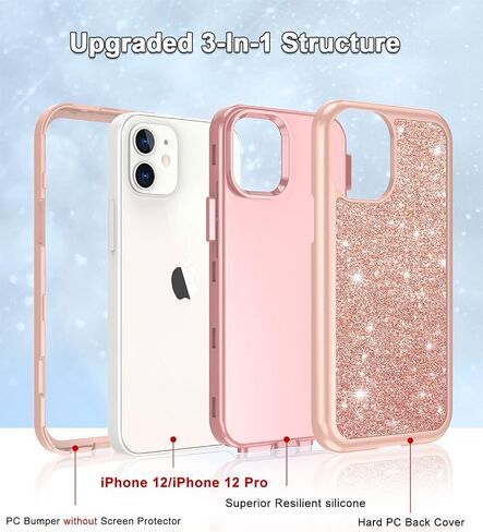 Btscase for iPhone 12 Case/iPhone 12 Pro Case, Heavy Duty Three Layer Marble Shockproof Full Body Rugged Hard PC+Soft TPU Bumper Drop Protection Women Girls Cover for iPhone 12/12 Pro, Rose Gold in Saudi Arabia
