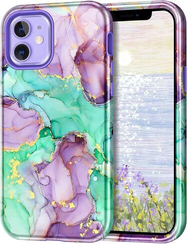 Btscase for iPhone 12 Case/iPhone 12 Pro Case, Heavy Duty Three Layer Marble Shockproof Full Body Rugged Hard PC+Soft TPU Bumper Drop Protection Women Girls Cover for iPhone 12/12 Pro, Rose Gold in Saudi Arabia