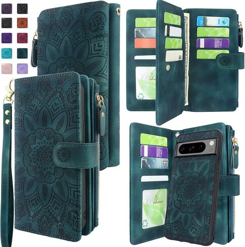 Harryshell Compatible with Google Pixel 8 Pro Case Wallet Detachable Magnetic Cover Leather Case Cover with Cash Coin Zipper Pocket 12 Card Slots Holder Wrist Strap Lanyard (Black) in Saudi Arabia