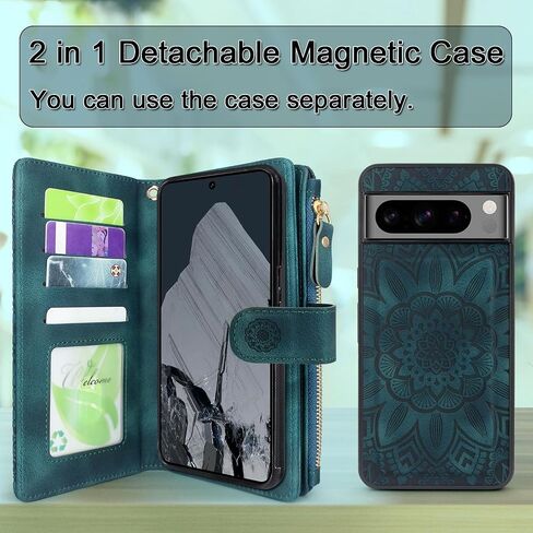 Harryshell Compatible with Google Pixel 8 Pro Case Wallet Detachable Magnetic Cover Leather Case Cover with Cash Coin Zipper Pocket 12 Card Slots Holder Wrist Strap Lanyard (Black) in Saudi Arabia