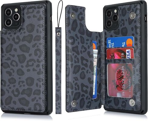 Cavor لهاتف iPhone 11 Pro Max مع حامل للبطاقات، وحافظات iPhone 11 Pro Max للنساء والرجال، وحافظة هاتف iPhone 11 Pro Max مع حامل وحزام، غطاء واقٍ مقاوم للصدمات من جلد النمر - أسود in Kuwait