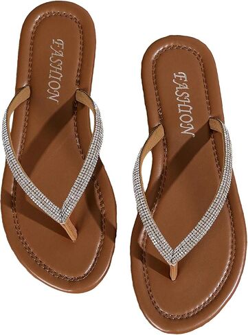 GORGLITTER Women's Rhinestone Sparkly Flat Sandals Open Toe Beach Slides Flip Flops in Saudi Arabia