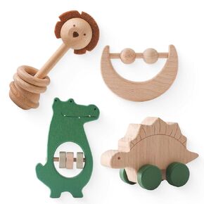 Wooden Baby Toys 4 Pcs Montessori Toys Set Wooden Rattles Grasping Toys Wood Ring,Pick-up Dinosaur Car Toy Set