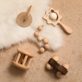 Wooden Baby Toys 4 Pcs Montessori Toys Set Wooden Rattles Grasping Toys Wood Ring,Pick-up Dinosaur Car Toy Set