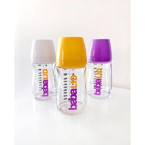 Baby Bottle, 10 oz, BPA- Free, Multi-Color (Pack of 3) Breast Shape, Non Collapsing Nipples, Safe Detachable Silicone Tethered lids, Non-Leaking Bottles, Pacifier Storage Lid.
