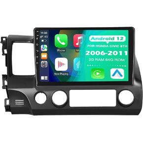 Car Stereo Radio for Honda Civic 8th 2006 2007 2008 2009 2010 2011 with CarPlay and Android Auto, Android 12 Wireless Bluetooth WiFi, 10 Inch in-Dash Touchsreen GPS Navigation 2GB + 64GB Head Unit