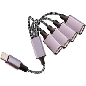 كابل USB-C OTG Splitter Y (طول 10 بوصات)، محول كابل USB C ذكر إلى أربعة USB A أنثى، محور توسيع منافذ USB 2.0 متعدد، محول سبليت متعدد المنافذ لأجهزة iMac/iPhone 15/iPad Pro Air 4 5/PC (رمادي)