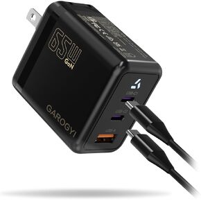 USB C Charger 65W, 3 Ports GaN Fast Charger Block, Compact Foldable Wall Charger with USB-C Cable for iPhone 15 Pro Max,iPad,MacBook Pro/Air, Galaxy S23,Dell XPS 13, Pixel 8 and More (Black)