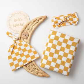 Miaoberry 100% Organic Muslin Swaddle Set| Checkered in Mustard|Newborn Hospital Receiving Blanket Gender Neutral for Baby Girl n Boy