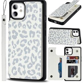 iCoverCase Phone Case for iPhone 11 Case with Card Holder, iPhone 11 Wallet Case with Wrist Strap, [RFID Blocking] Card Slots Kickstand PU Leather Case Wallet for iPhone 11 6.1 Inch (Gray Leopard)