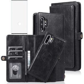 حافظة هاتف Asuwish لهاتف Samsung Galaxy Note 10 Plus Glaxay Note10+ 5G غطاء قابل للفصل مع واقي شاشة وحامل بطاقة قلاب خلية Gaxaly Note10 + Notes 10+ Ten Not S10 10Plus نسائي أسود