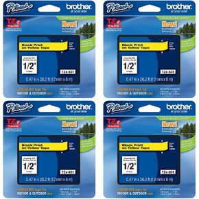 Brother Genuine P-touch 4-Pack TZe-631 Laminated Tape, Black Print on Yellow Standard Adhesive Laminated Tape for P-touch Label Makers, Each Roll is 0.47"/12mm (1/2") Wide, 26.2 ft. (8M) Long
