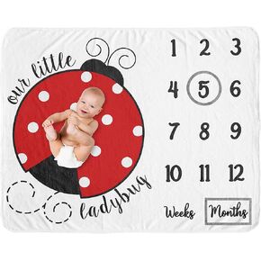 Sweet Jojo Designs Little Ladybug Girl Milestone Blanket Monthly Newborn First Year Growth Mat Baby Shower Memory Keepsake Gift Picture - Red Black and White Polka Dot