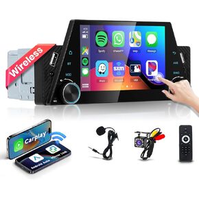 Single Din Car Stereo with Wireless Carplay and Android Auto, podofo 5'' HD Touchscreen Radio Support Bluetooth FM Radio Android/iOS Mirror Link/USB/TF/AUX-in, Car Audio Receivers with Backup Camera