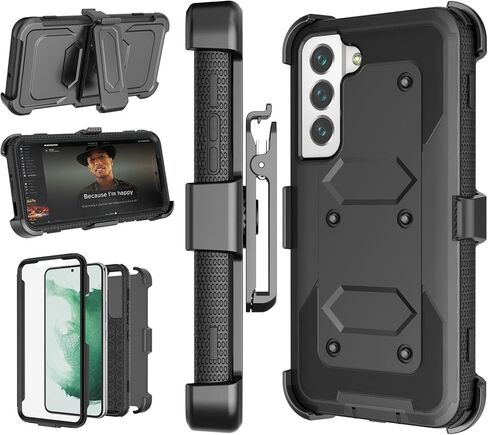 Njjex Rugged Case for Samsung Galaxy S22 5G, for Galaxy S22 Case 6.1", [Nbeck] Heavy Duty Built-in Screen Protector Locking Swivel Holster Belt Clip Kickstand Hard Shell Cover for Samsung S22 [Black] in Saudi Arabia