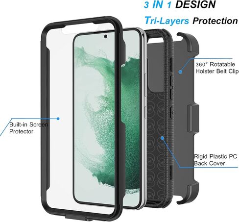 Njjex Rugged Case for Samsung Galaxy S22 5G, for Galaxy S22 Case 6.1", [Nbeck] Heavy Duty Built-in Screen Protector Locking Swivel Holster Belt Clip Kickstand Hard Shell Cover for Samsung S22 [Black] in Saudi Arabia