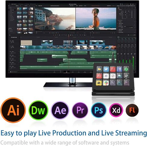 وحدة التحكم في البث، 15 مفتاحًا مختصرًا، منصة البث، شاشة LCD سلكية قابلة للتخصيص، لوحة مفاتيح سريعة مع حامل قابل للتعديل لبث ألعاب العمل في الاستوديو، إجراءات التشغيل في نظام Win Mac OBS Twitter YouTube in Kuwait