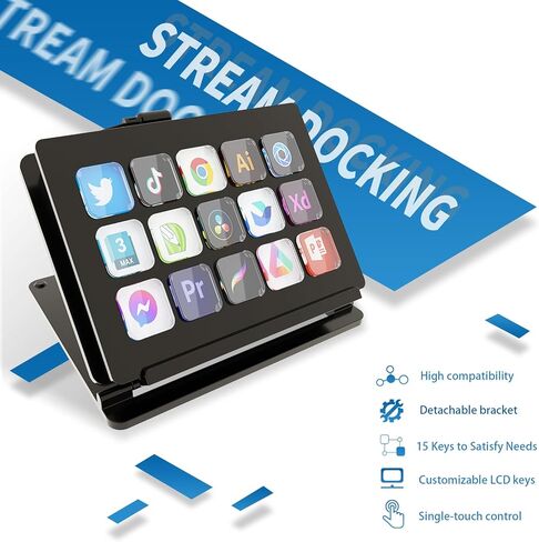 وحدة التحكم في البث، 15 مفتاحًا مختصرًا، منصة البث، شاشة LCD سلكية قابلة للتخصيص، لوحة مفاتيح سريعة مع حامل قابل للتعديل لبث ألعاب العمل في الاستوديو، إجراءات التشغيل في نظام Win Mac OBS Twitter YouTube in Kuwait