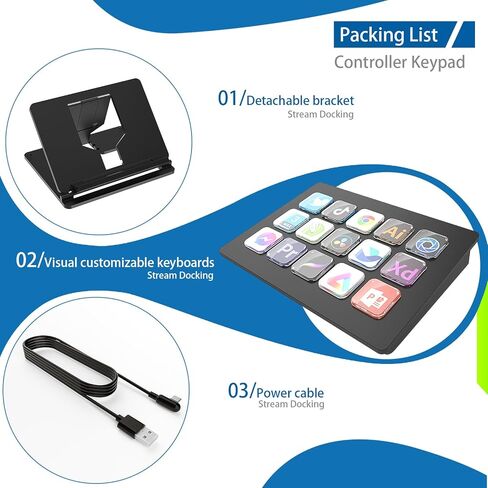وحدة التحكم في البث، 15 مفتاحًا مختصرًا، منصة البث، شاشة LCD سلكية قابلة للتخصيص، لوحة مفاتيح سريعة مع حامل قابل للتعديل لبث ألعاب العمل في الاستوديو، إجراءات التشغيل في نظام Win Mac OBS Twitter YouTube in Kuwait