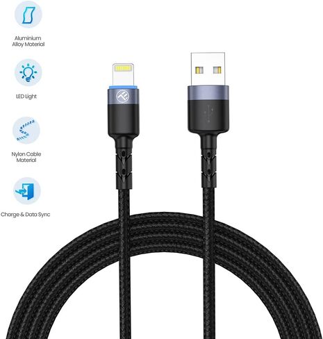 TELLUR Data Cable, USB to Lightning, LED, Nylon Braided, 2m, Black in Kuwait
