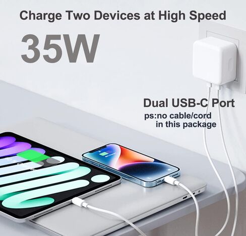 iPhone Dual USB-C Port Compact Power Adapter [GaN] PD 3.0 Foldable USB Type C Plug Fast Wall Charger Block for iPhone 15 14 13 12 11 Pro Max Plus Mini, iPad, AirPods, MacBook Air【Without Cable】 in Saudi Arabia