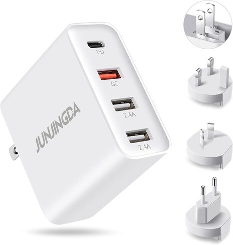 48W Universal Travel Adapter, JUNJINDA 4-Port Multi USB C Wall Charger Block US to Europe Plug Adapter with Foldable USA EU UK AUS Plug Fast Charging for iPhone, iPad, Samsung, Google, Tablet, More in Saudi Arabia